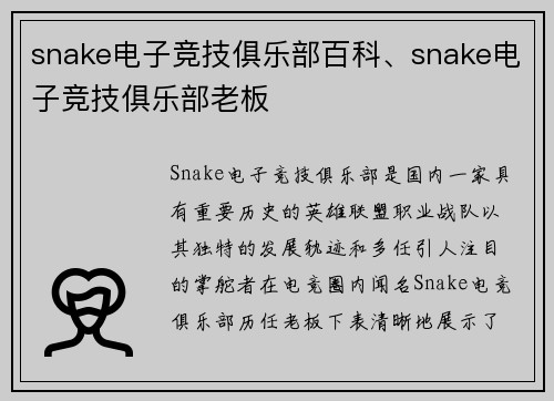snake电子竞技俱乐部百科、snake电子竞技俱乐部老板