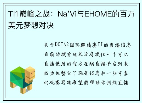 TI1巅峰之战：Na‘Vi与EHOME的百万美元梦想对决